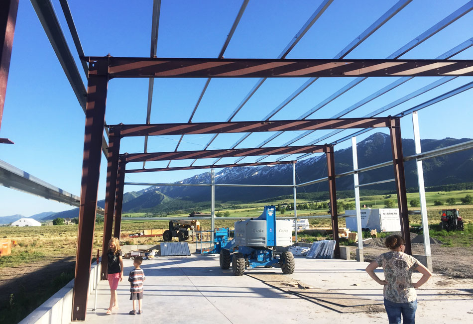 red steel framing with children and a mom
