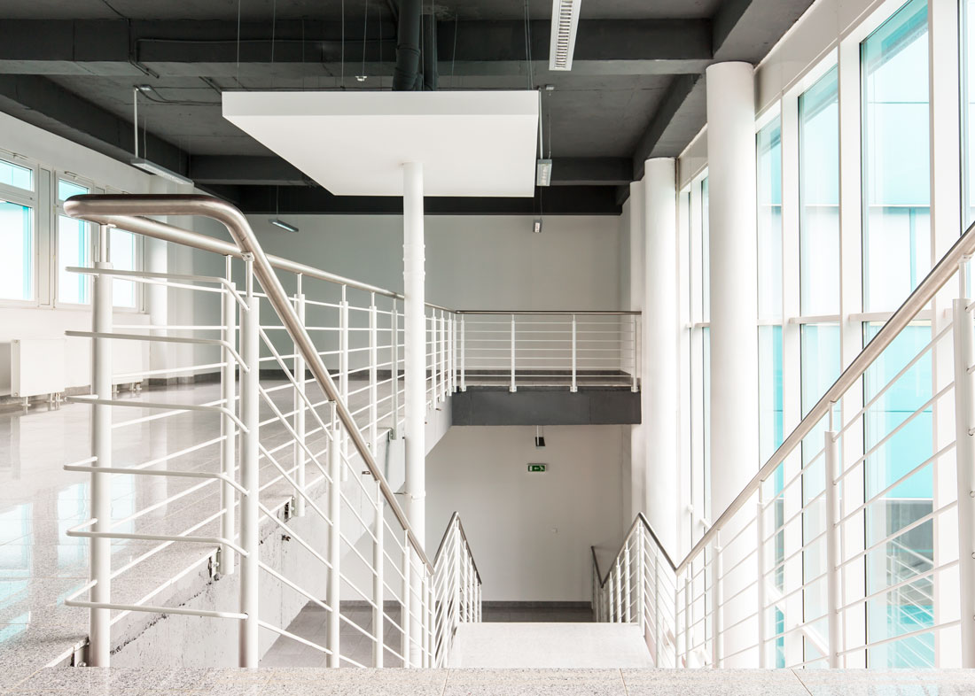 mezzanine, stairs with white rail
