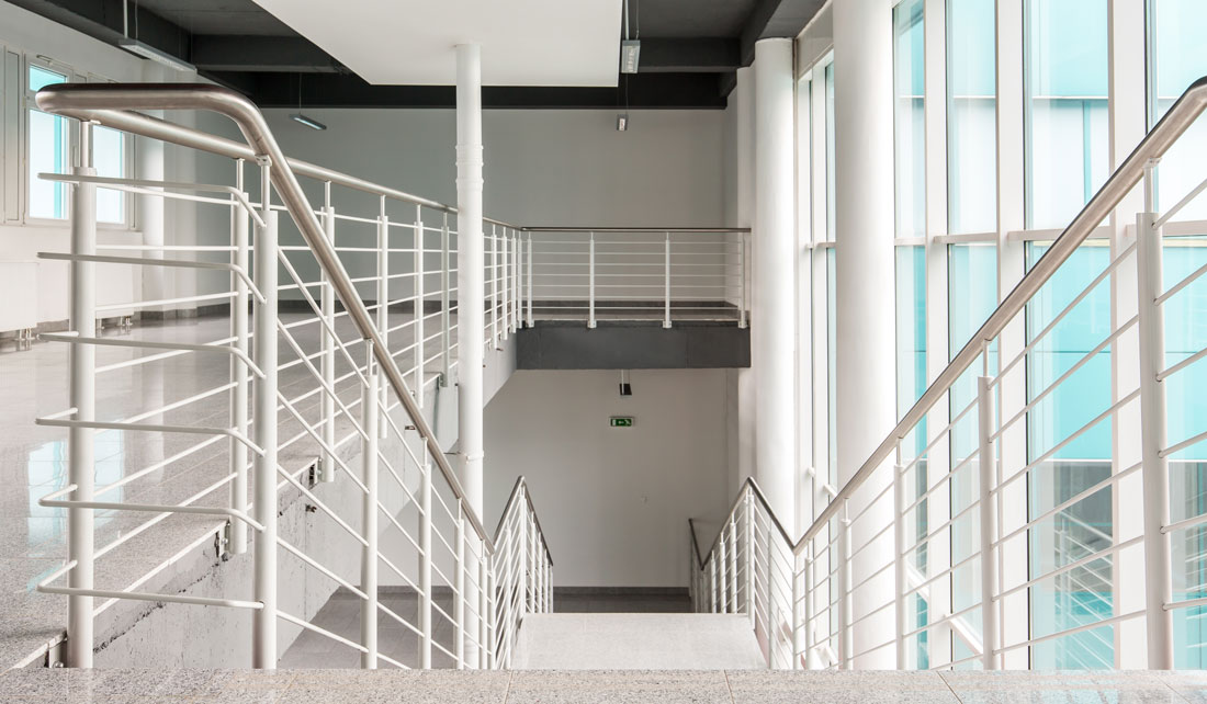 mezzanine, stairs with white rail