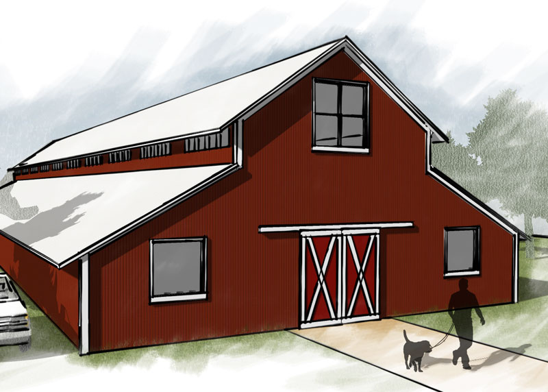 a red multi-tier barn
