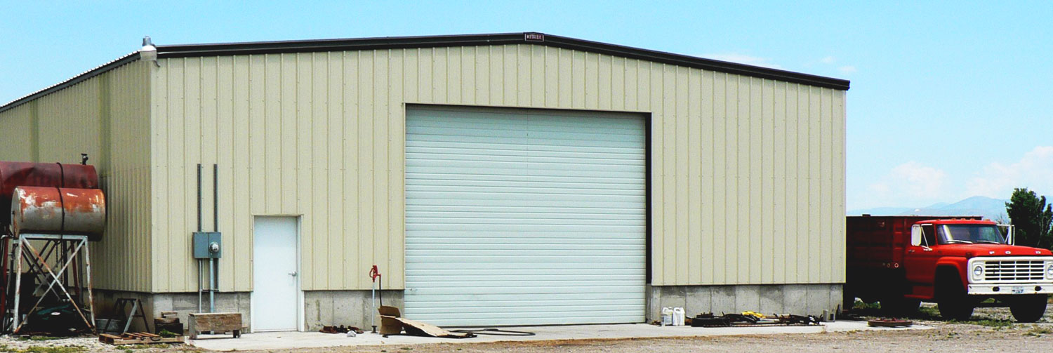 a workshop with a red truck